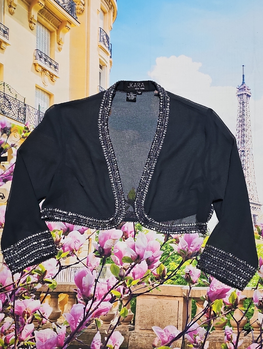 J Kara Elegant Beaded Open-Front Cropped Cardigan Size 6P